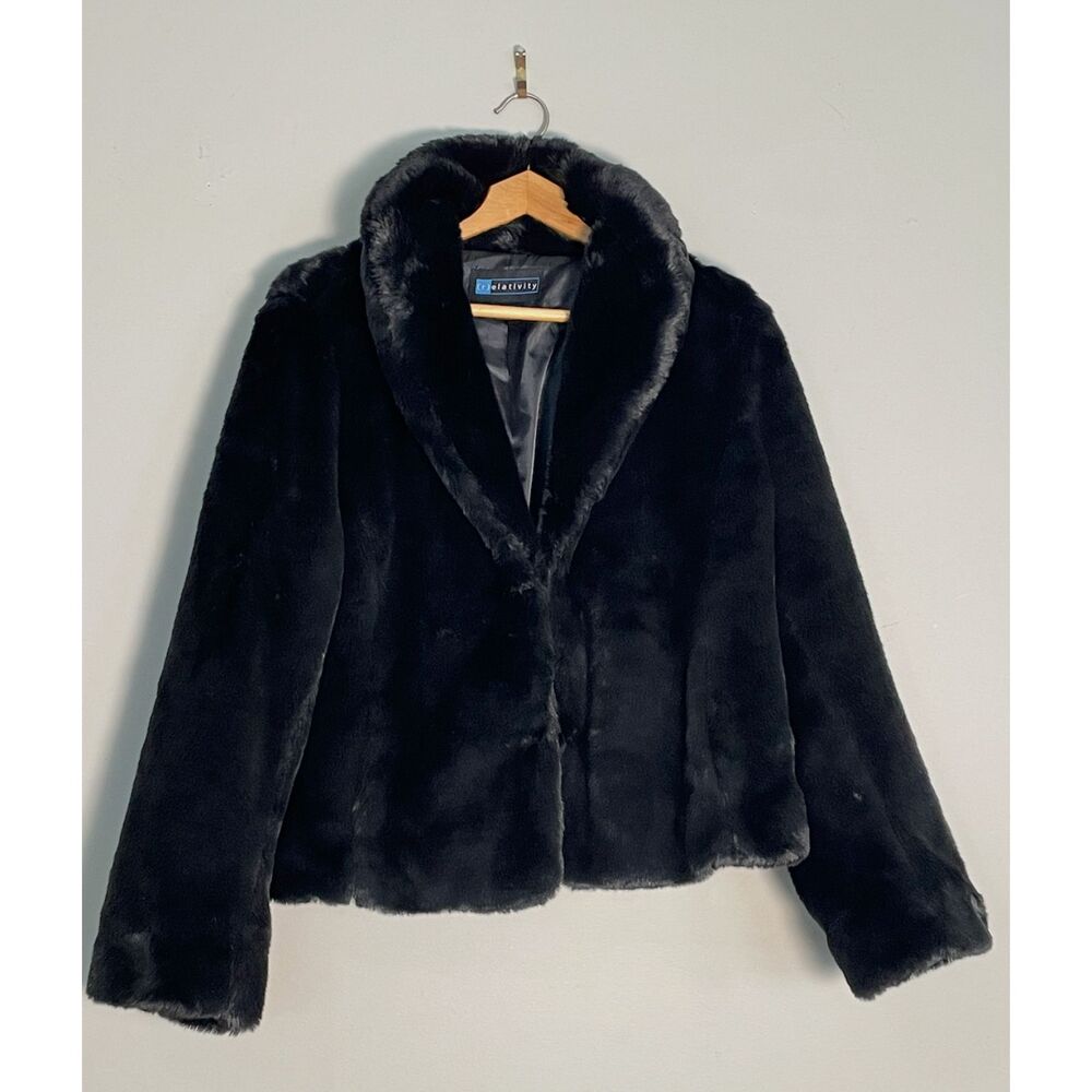 Relativity L Black Faux Fur Cropped Jacket Shawl Collar Lined Y2K Evening Coat
